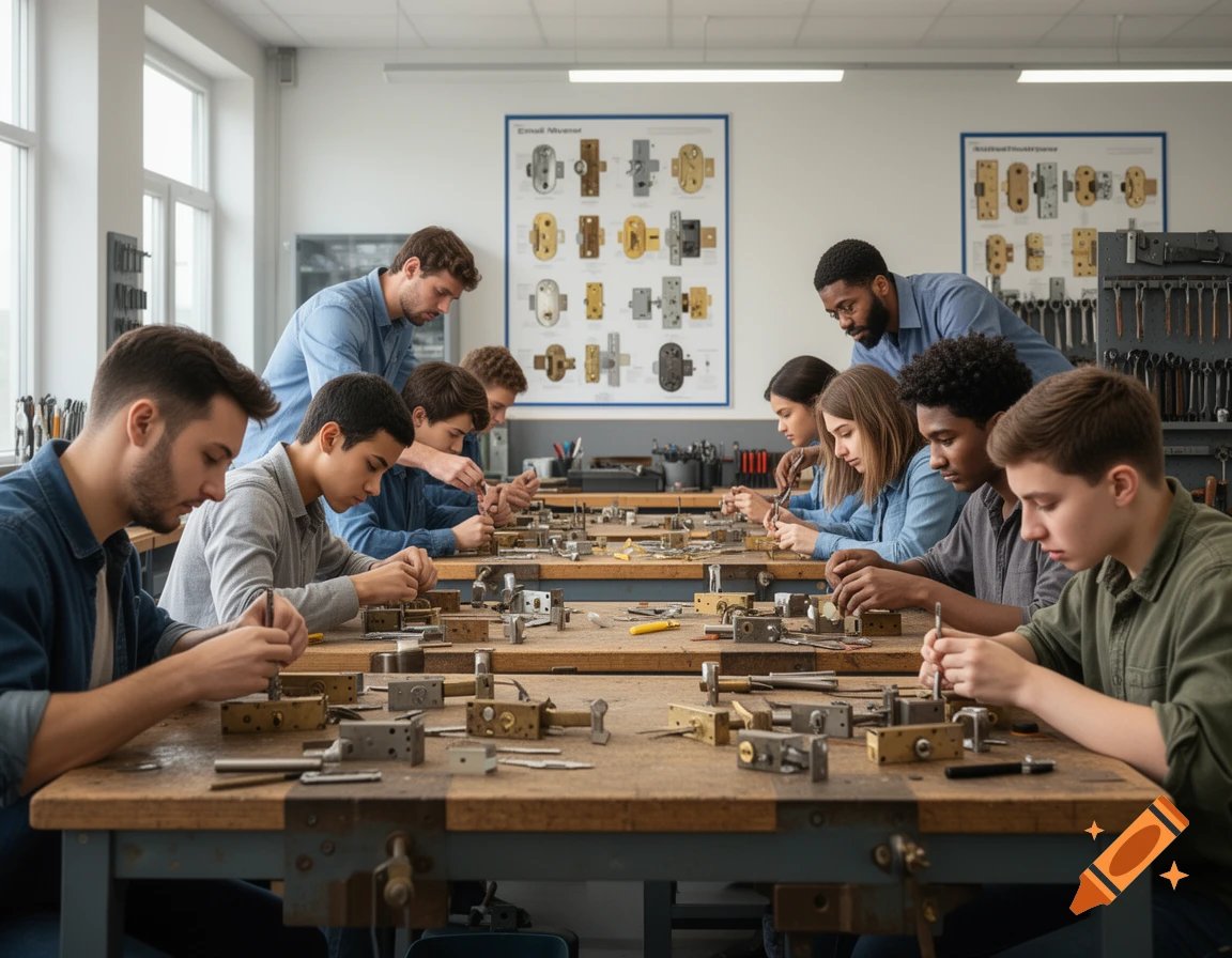 סטודנטים בקורס מנעולן מוסמך מתרגלים על מנעולים ומפתחות