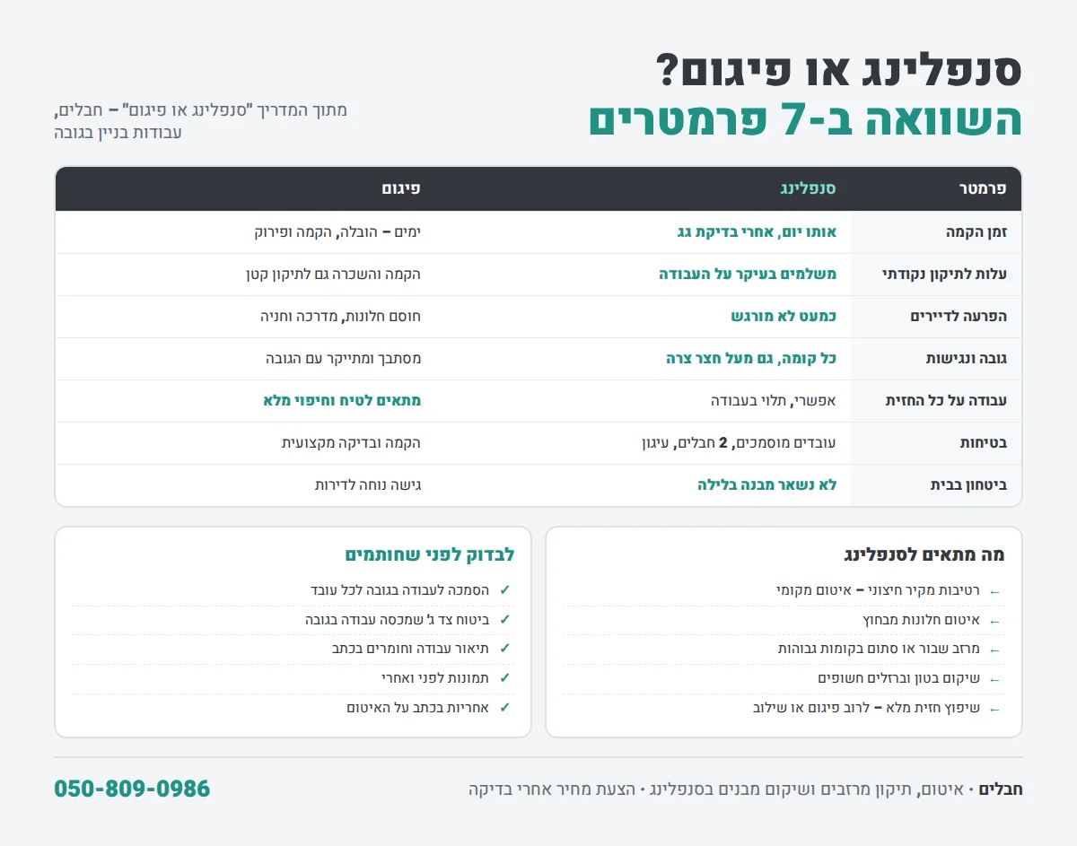 אינפוגרפיקה: טבלת השוואה בין סנפלינג לפיגום ב-7 פרמטרים, עבודות שמתאימות לסנפלינג ובדיקות לפני בחירת קבלן